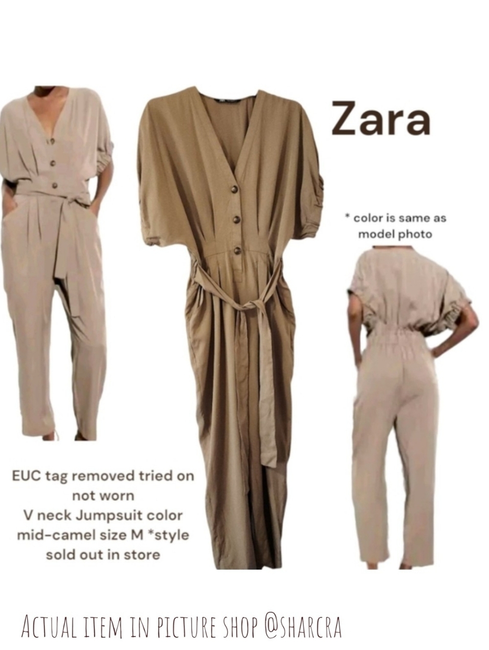 Zara Women's V-neck Button- Down Short Sleeve Belted jumpsuit Lyocel camel Tan M